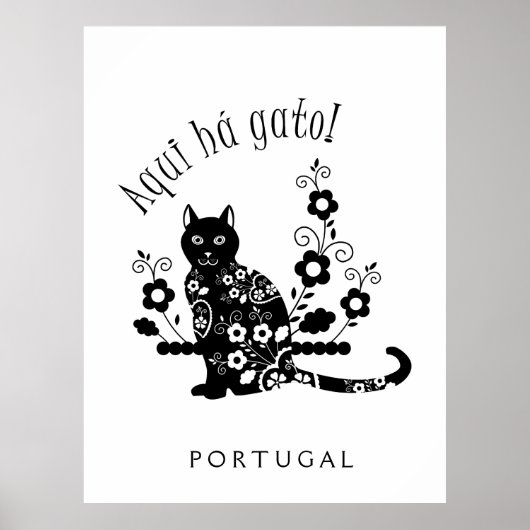Zwarte kat met bloemen en Portugese expressie Poster (Voorkant)