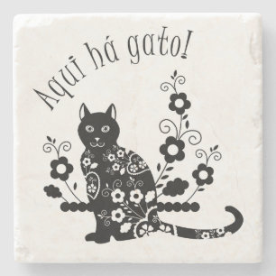 Zwarte kat met bloemen en Portugese expressie Stenen Onderzetter