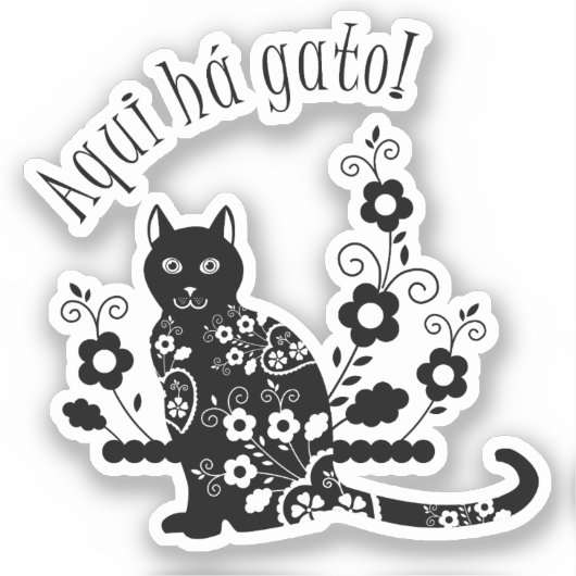 Zwarte kat met bloemen en Portugese expressie Sticker (Voorkant)