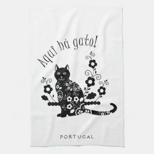 Zwarte kat met bloemen en Portugese expressie Theedoek