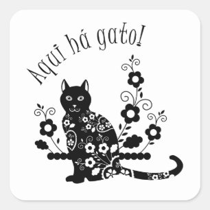Zwarte kat met bloemen en Portugese expressie Vierkante Sticker