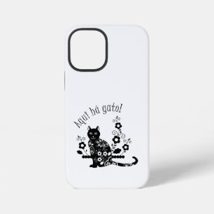 Zwarte kat met bloemen en Portugese uitdrukking iPhone 12 Mini Hoesje