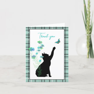 Zwarte kat met bloemen en vlinder bedankkaart