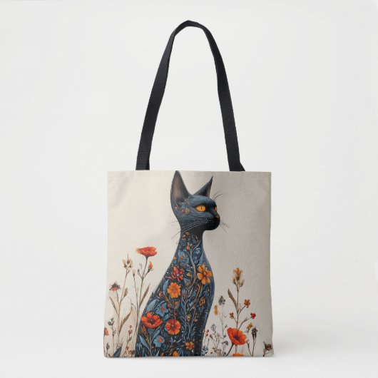 Zwarte kat met bloemen esthetisch tote bag (Voorkant)