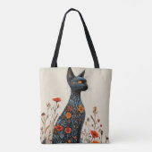 Zwarte kat met bloemen esthetisch tote bag (Achterkant)