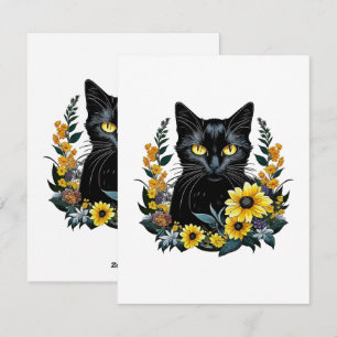 zwarte kat met bloemen feestdagenkaart