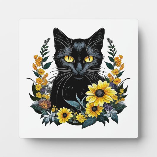 zwarte kat met bloemen fotoplaat (Voorkant)