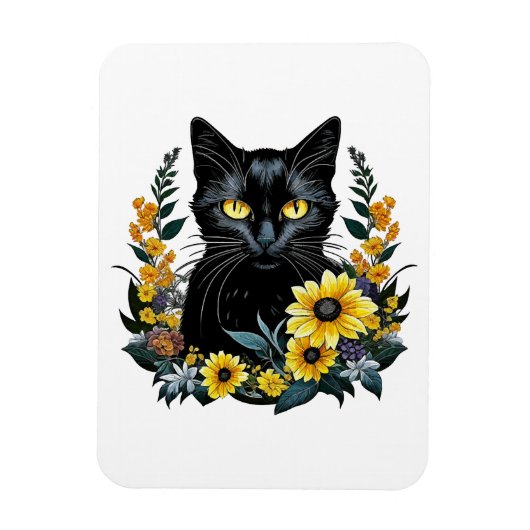 zwarte kat met bloemen magneet (Verticaal)
