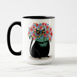 Zwarte Kat met bloemen Mok