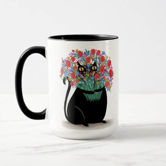 Zwarte Kat met bloemen Mok (Links)