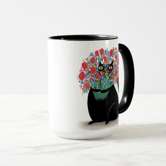 Zwarte Kat met bloemen Mok (Voorkant rechts)