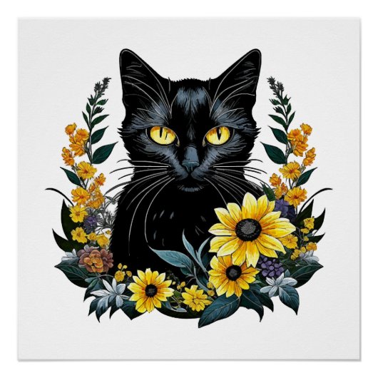 zwarte kat met bloemen perfect poster (Voorkant)