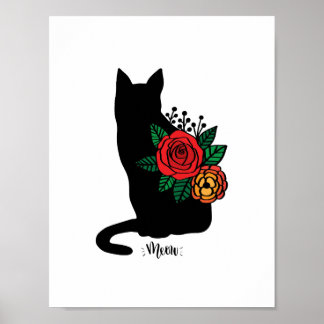 Zwarte Kat Met Bloemen Poster