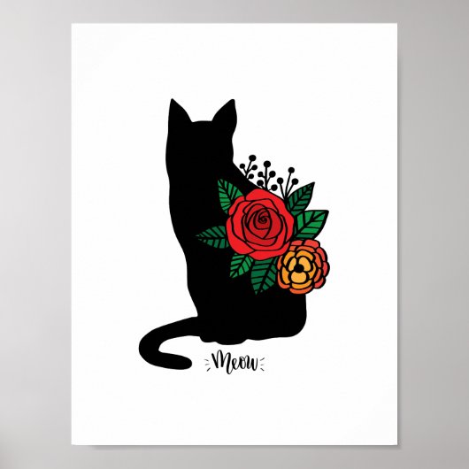 Zwarte Kat Met Bloemen Poster (Voorkant)