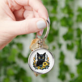 zwarte kat met bloemen sleutelhanger (Hand)