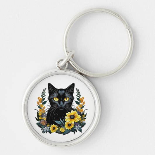zwarte kat met bloemen sleutelhanger (Voorkant)