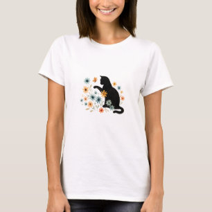 Zwarte kat met bloemen watercolor T-shirt voor vro