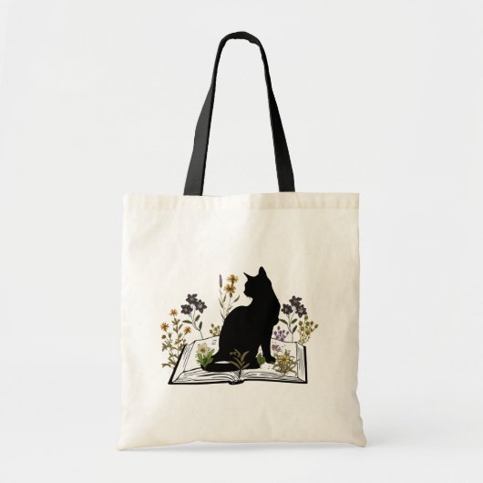 Zwarte kat met bloemenboek canvas tas (Voorkant)