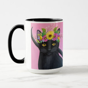 Zwarte Kat met Bloemenkrans Mok
