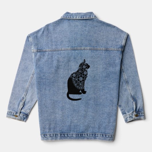 Zwarte kat met bloemensluier | Elegant gotisch Kat Denim Jacket (Achterkant)
