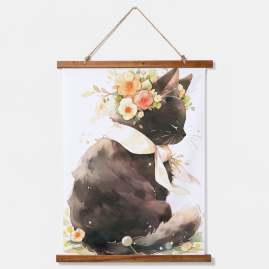 Zwarte kat met bloemkroon hangend wandkleed (Voorkant)
