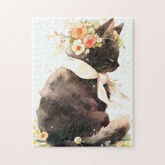 Zwarte kat met bloemkroon legpuzzel (Verticaal)