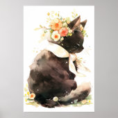 Zwarte kat met bloemkroon poster (Voorkant)