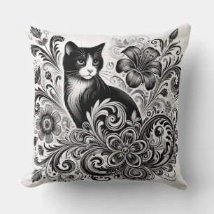 Zwarte Kat met Bloemmotieven in Monochrome Kunst Kussen
