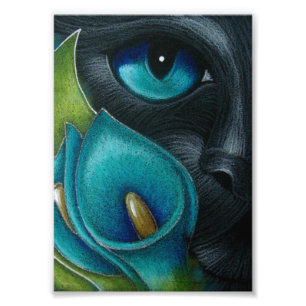 ZWARTE KAT met BLUE/AQUA CALLA LILY FLOWINT PRINT Foto Afdruk