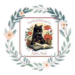  zwarte kat met boek bloemenboekenplaat vierkante sticker