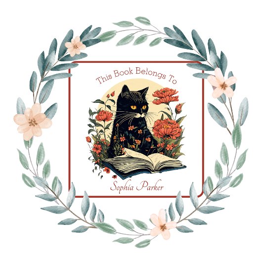  zwarte kat met boek bloemenboekenplaat vierkante sticker