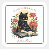  zwarte kat met boek bloemenboekenplaat vierkante sticker (Voorkant)