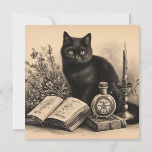 Zwarte kat met boeken Vintage illustratie Kaart