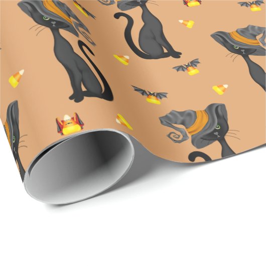 Zwarte kat met Candy Corn Halloween Pattern Cadeaupapier (Rol Hoek)