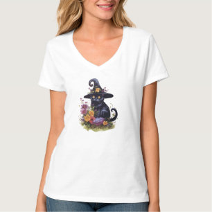Zwarte kat met cowboybloemen op pet t-shirt