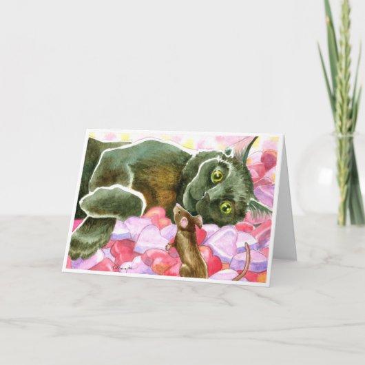 Zwarte Kat met de Harten van Valentijn Feestdagen Kaart (Voorkant)