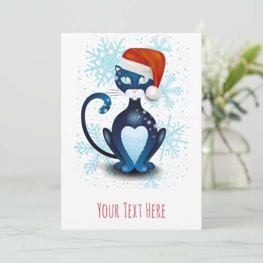 Zwarte kat met de hoed van Kerstman Kaart (Staand voorkant)