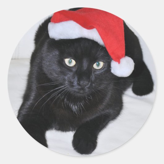 Zwarte Kat met de Rode Santa Hoed Ronde Sticker (Voorkant)