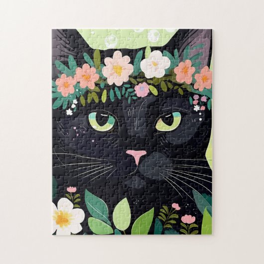 Zwarte kat met een bloemenkroon legpuzzel (Verticaal)