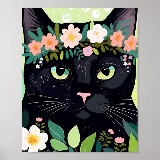 Zwarte kat met een bloemenkroon poster (Voorkant)