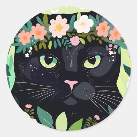 Zwarte kat met een bloemenkroon ronde sticker (Voorkant)