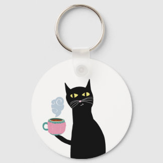 Zwarte kat met een gezellige mok sleutelhanger