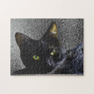 Zwarte kat met een grijze patroon achtergrond puzz legpuzzel