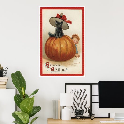  zwarte kat met een heks Pet Poster (Thuiskantoor)