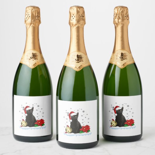 Zwarte kat met een kerstmuts kerstkat kostuum sparkling wijnetiket (Flessen)