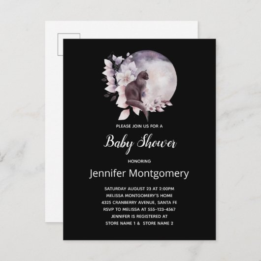 Zwarte Kat met een Magisch Full Moon Baby shower Uitnodiging Briefkaart (Voorkant / Achterkant)