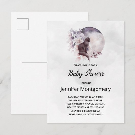 Zwarte Kat met een Magisch Full Moon Baby shower Uitnodiging Briefkaart (Voorkant / Achterkant)