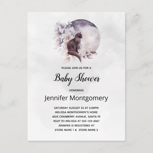 Zwarte Kat met een Magisch Full Moon Baby shower Uitnodiging Briefkaart (Voorkant)