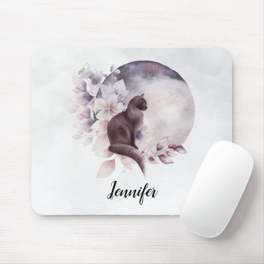 Zwarte Kat met een Magische Volledige maan Muismat (Met muis)