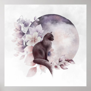 Zwarte Kat met een Magische Volledige maan Poster